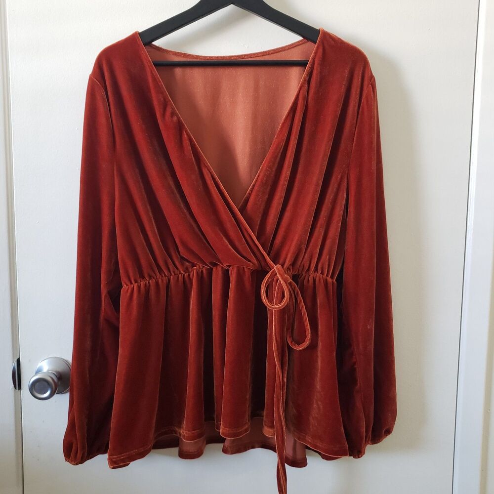 Burnt Orange Velvet Faux Wrap Peplum Top 2X 3X Balloon Sleeve Fall Boho Cottage